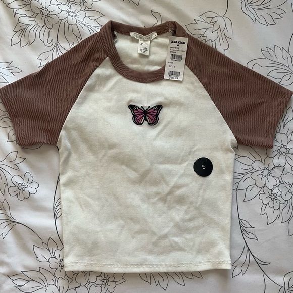 Full Tilt Tops - White and Brown Butterfly Baby Tee 🦋